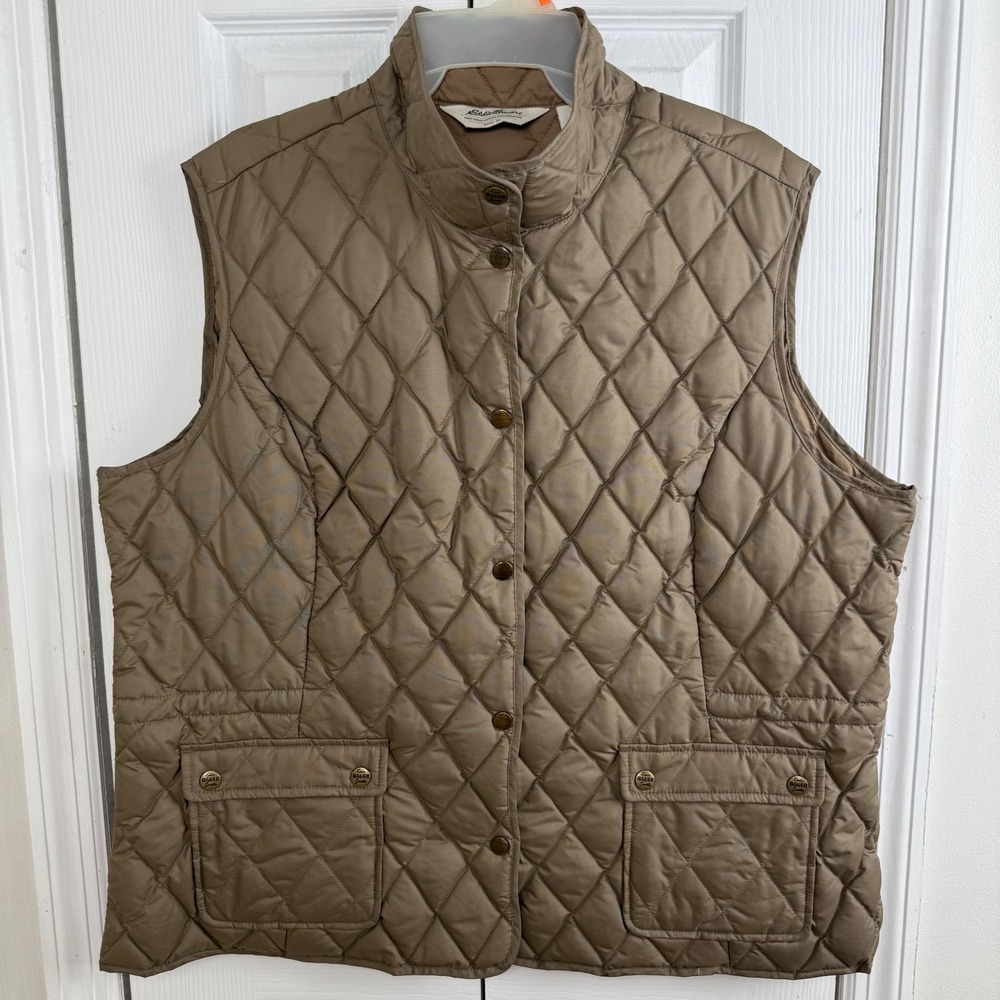 Eddie Bauer Goose Down Quilted Vest Tan Snap Front Puffer Outdoor XXL